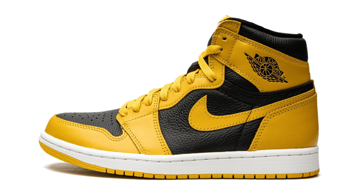 Air Jordan 1 Retro High OG “Pollen” – oldalnézet, fekete bőr alapszín és sárga overlay-ek