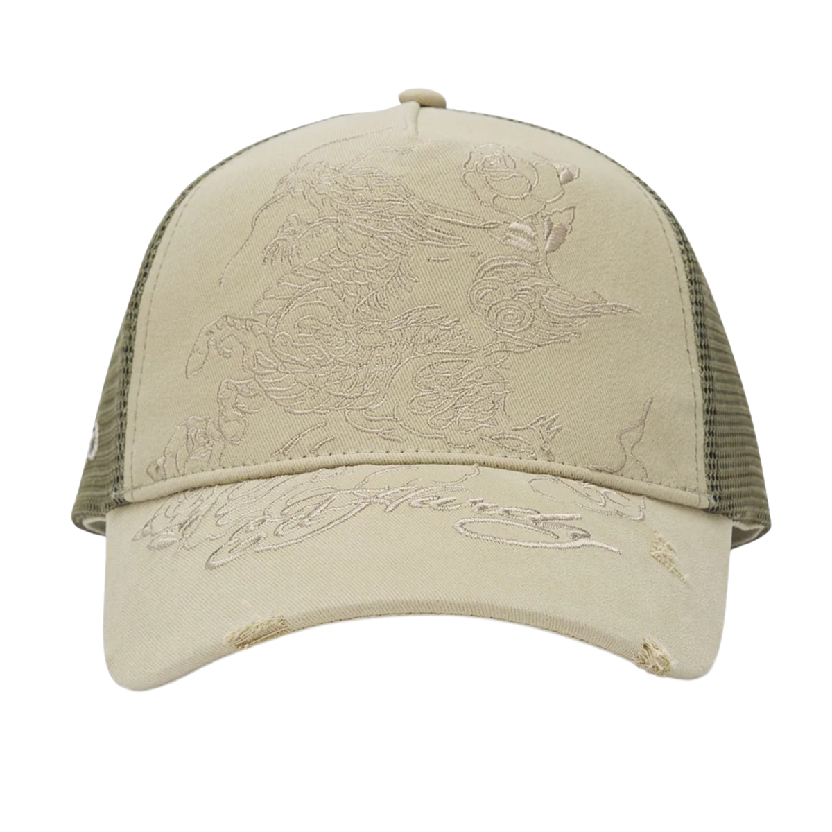 Ed Hardy Outline Dragon Distressed 5 Panel Khaki Trucker Cap - OnSize