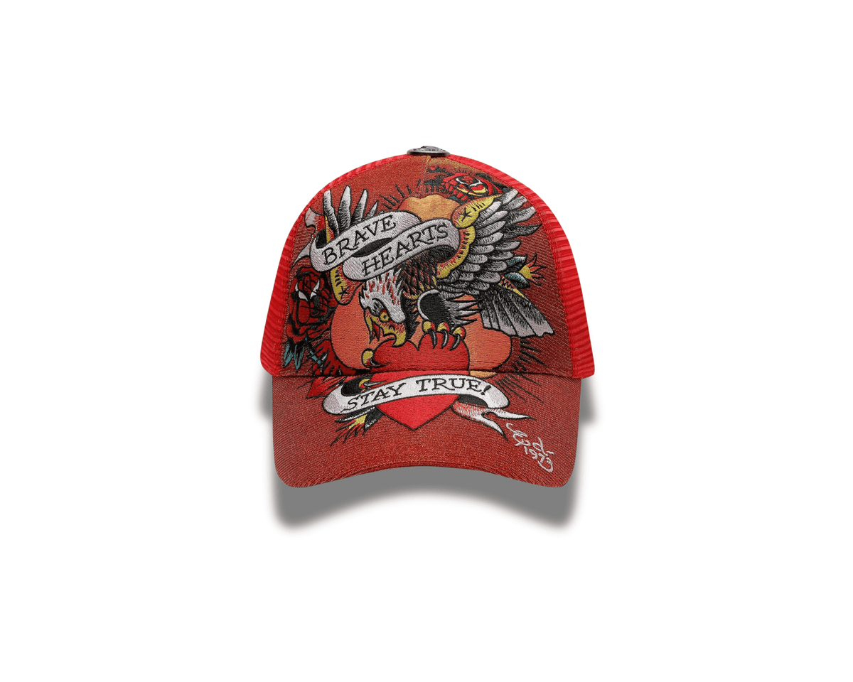 Ed Hardy Brave Hearts 6 Panel Metallic Trucker Cap - OnSize