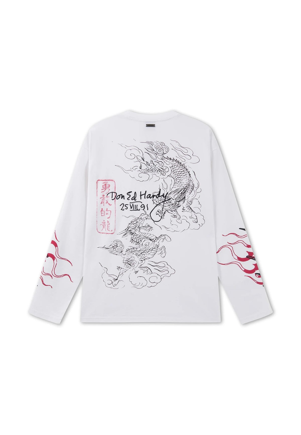 Ed Hardy Flying Twin Dragon Graphic Long Sleeve Relaxed T-Shirt White