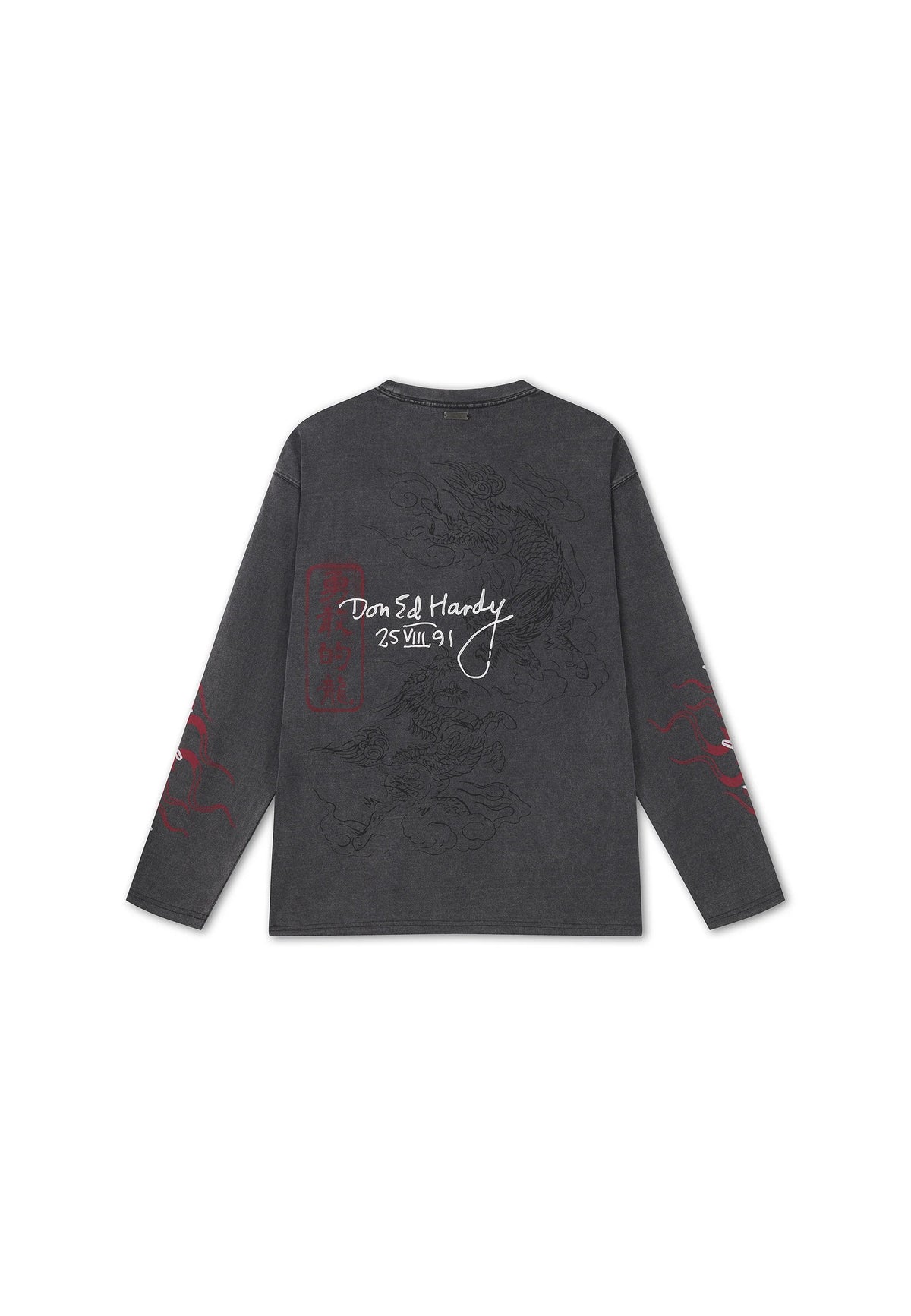 Ed Hardy Flying Twin Dragon Graphic Long Sleeve Relaxed T-Shirt Black