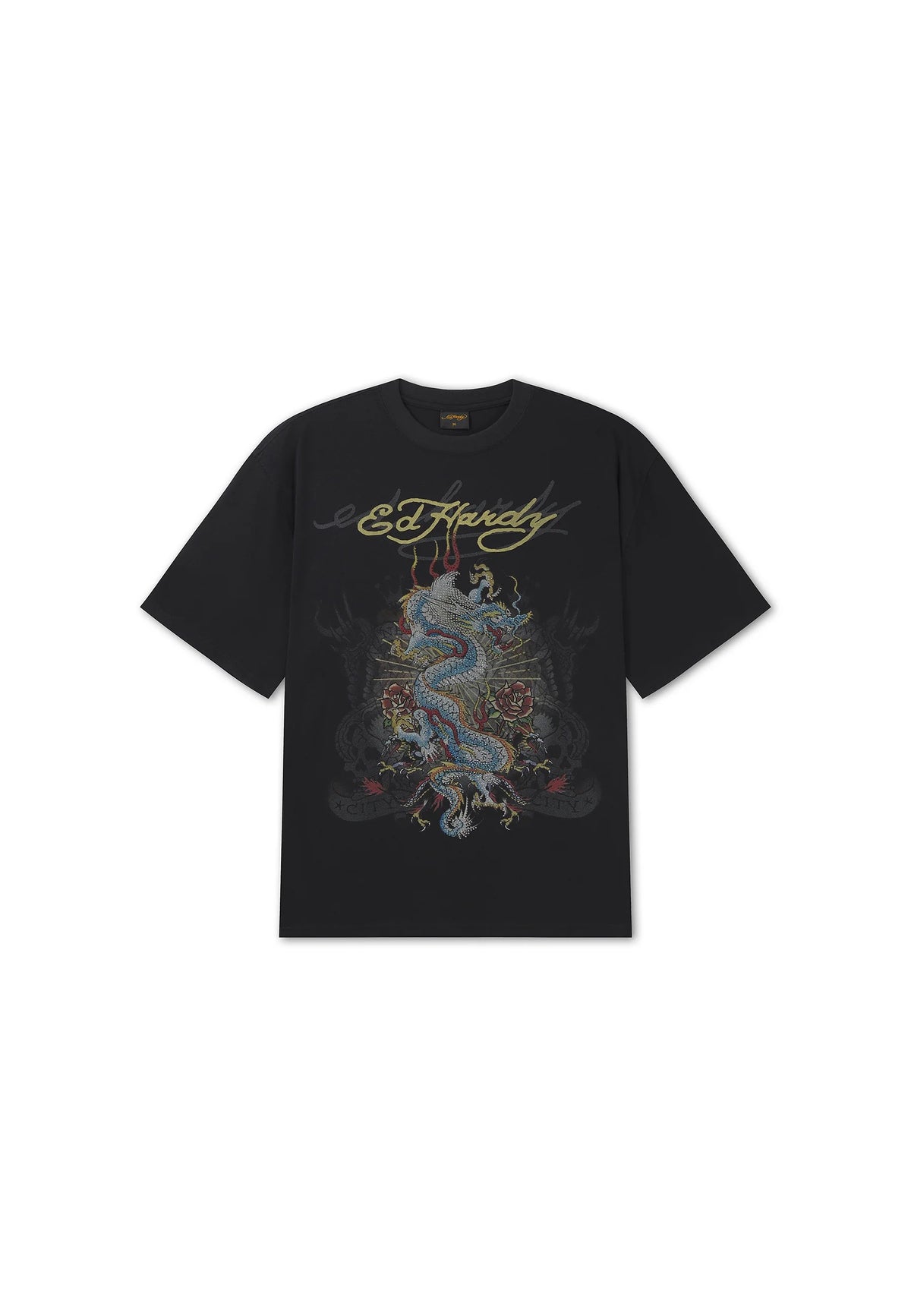 Ed Hardy Dragon City Diamante Graphic Relaxed T-Shirt Black - OnSize