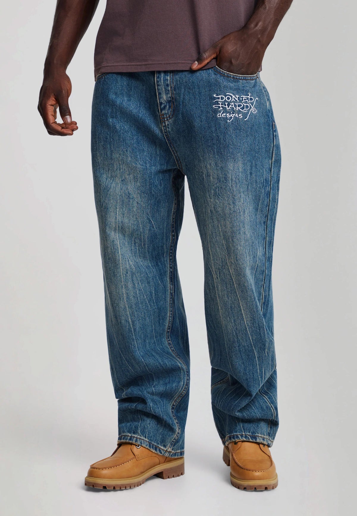 Ed Hardy Flying Skull PU Applique Relaxed Jeans Dark Blue - OnSize