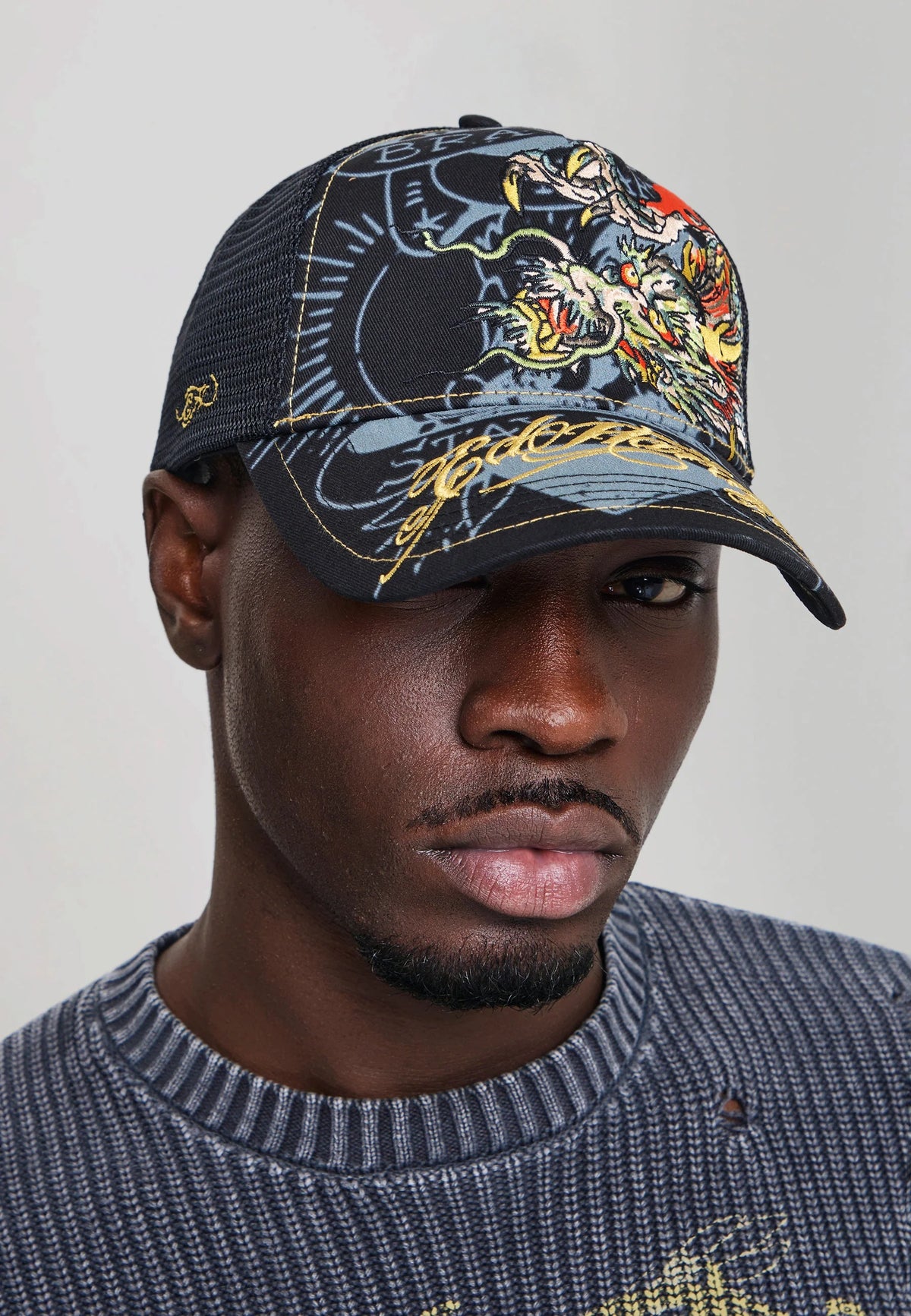 Ed Hardy Crawling Dragon 5 Panel Black Trucker Cap