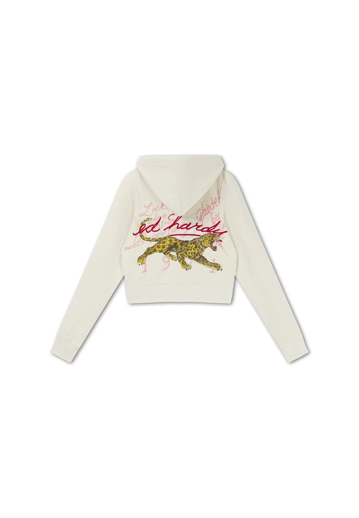 Ed Hardy Flaming Tiger Cropped Zip Thru Hoodie Ecru