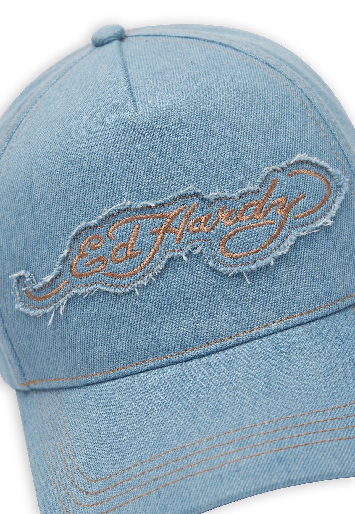 Ed Hardy Contrast Stitch Indigo Denim 5 Panel Bleach Trucker Cap