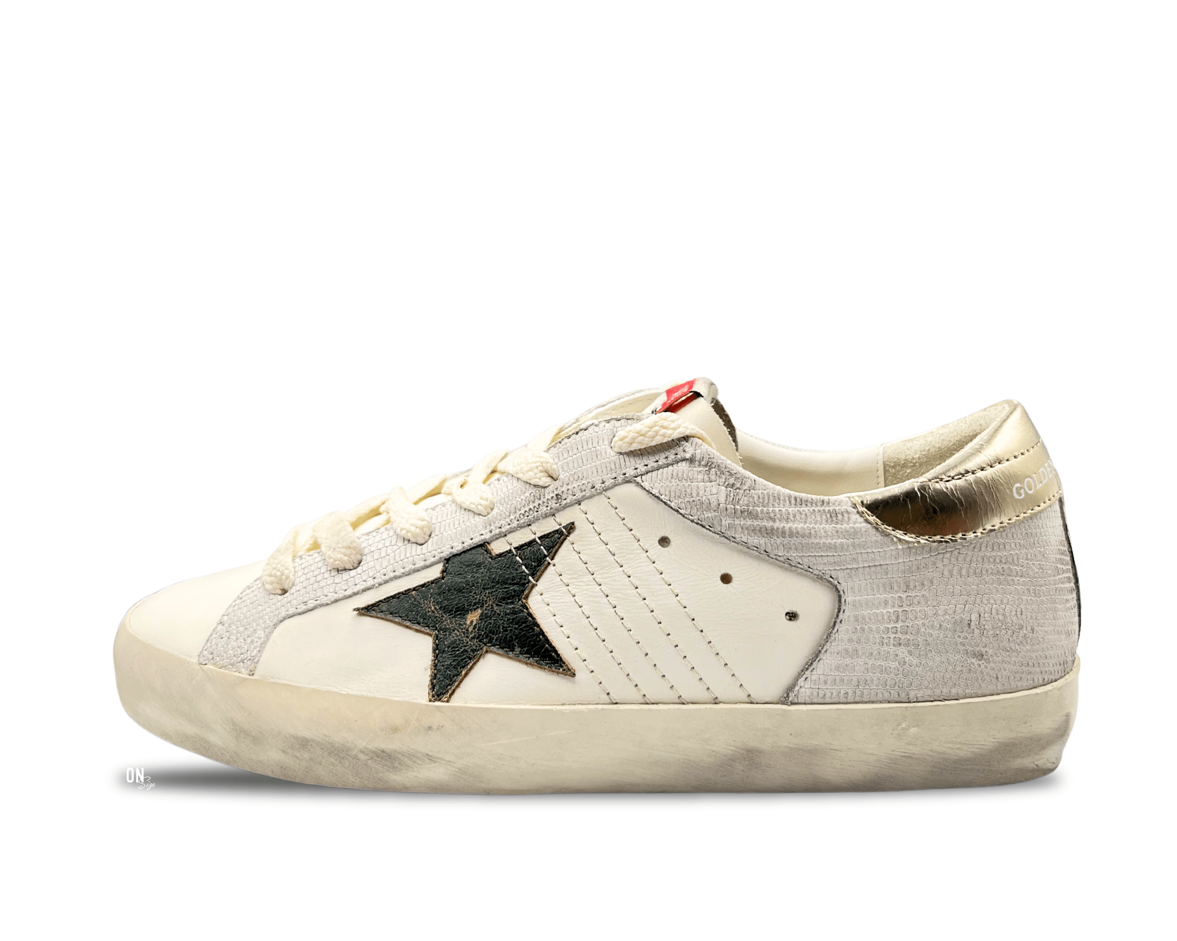 Golden Goose Super - Star White Cracked Leather Silver Black Star - OnSize