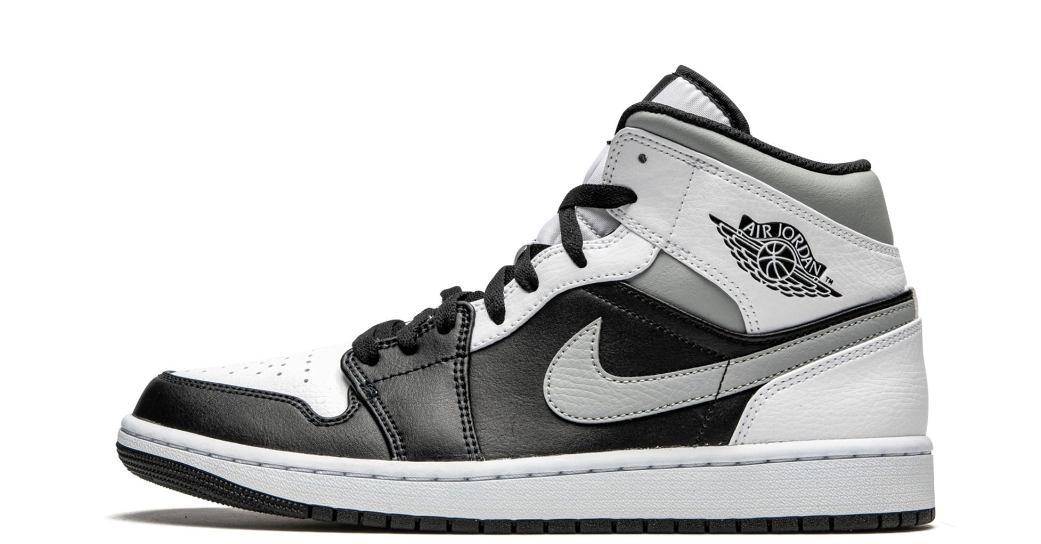 Jordan 1 Mid White Shadow – oldalnézet, fekete-fehér-szürke bőr panelek.