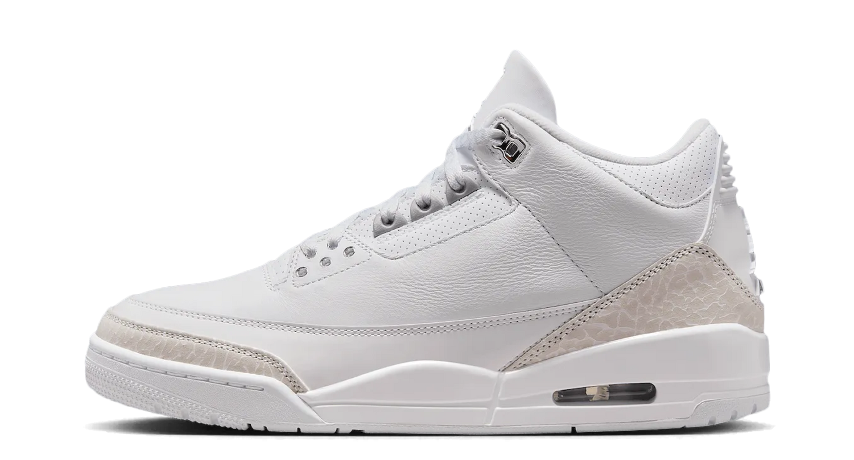 Air Jordan 3 Pure Money 2025 – oldalnézet, fehér bőr és elefántbőr mintázat