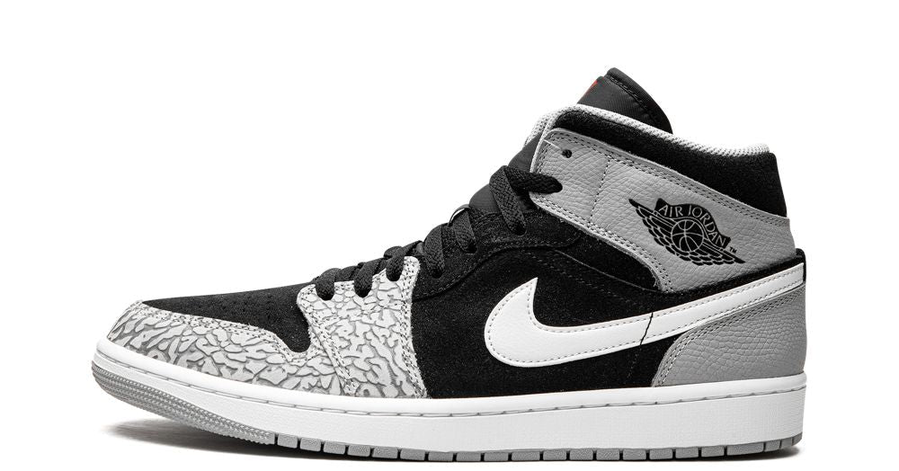 Air Jordan 1 Mid SE “Elephant Print” – oldalnézet, fekete alapszín és szürke elephant print overlay-ek