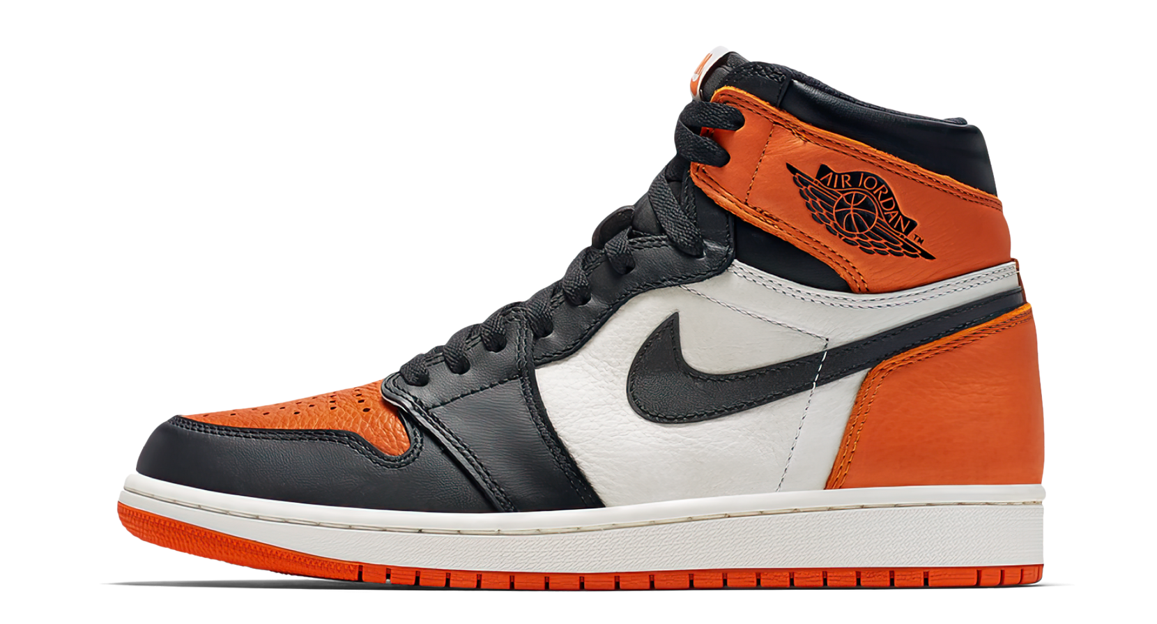 Jordan 1 Shattered Backboard 2025 – oldalnézet, fehér és narancs bőr overlayek
