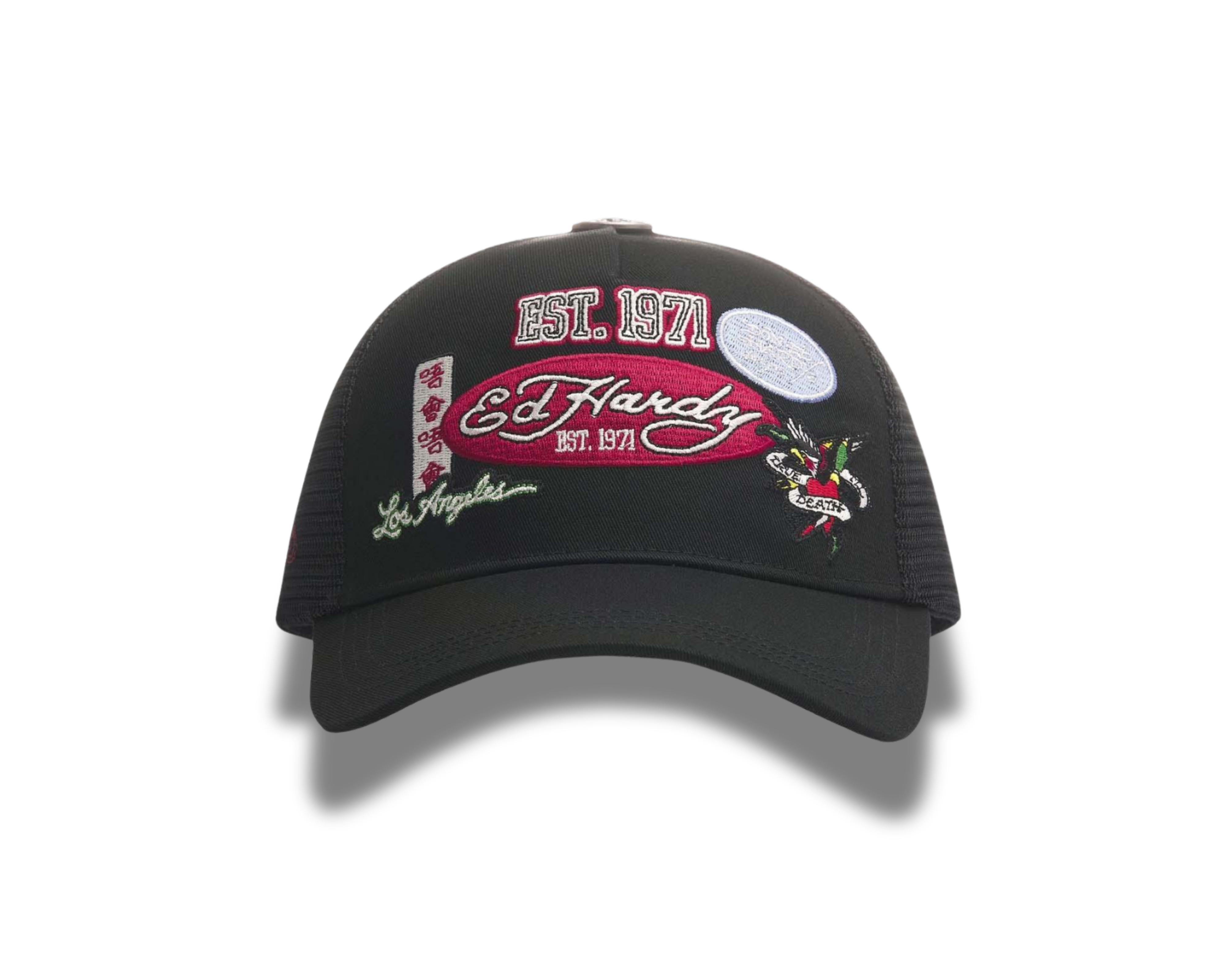 Ed Hardy Est 1971 Varsity Badge 5 Panel Black Trucker Cap