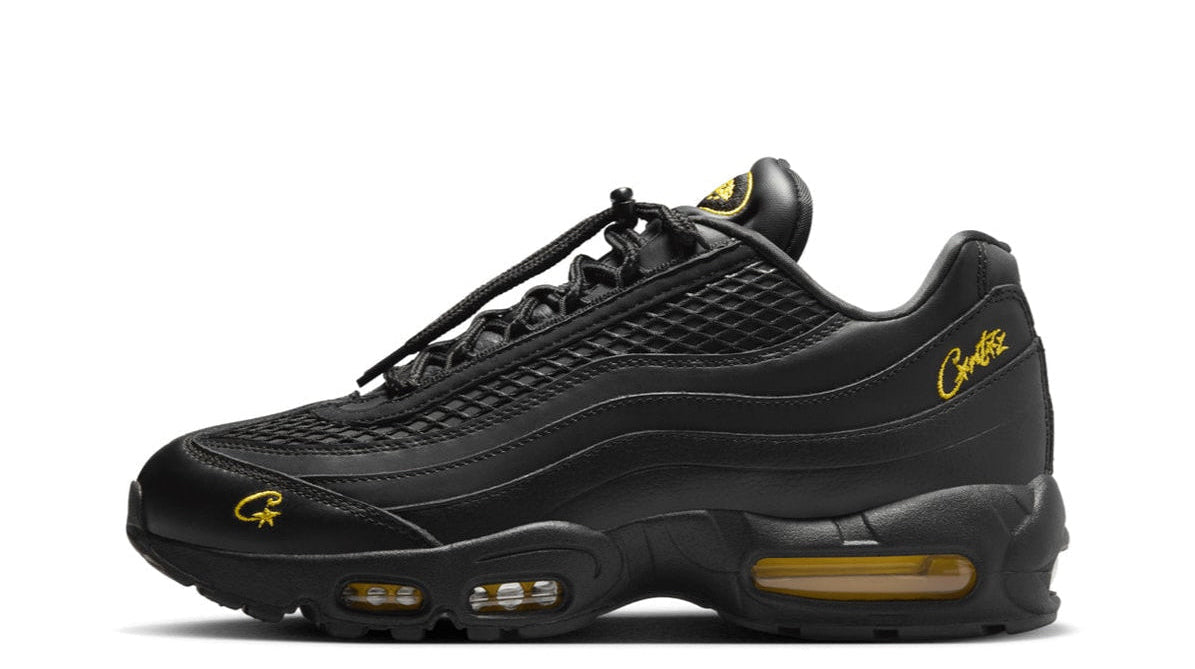 Nike Air Max 95 Corteiz Honey Black – oldalnézet, fekete bőr/mesh és sárga részletek