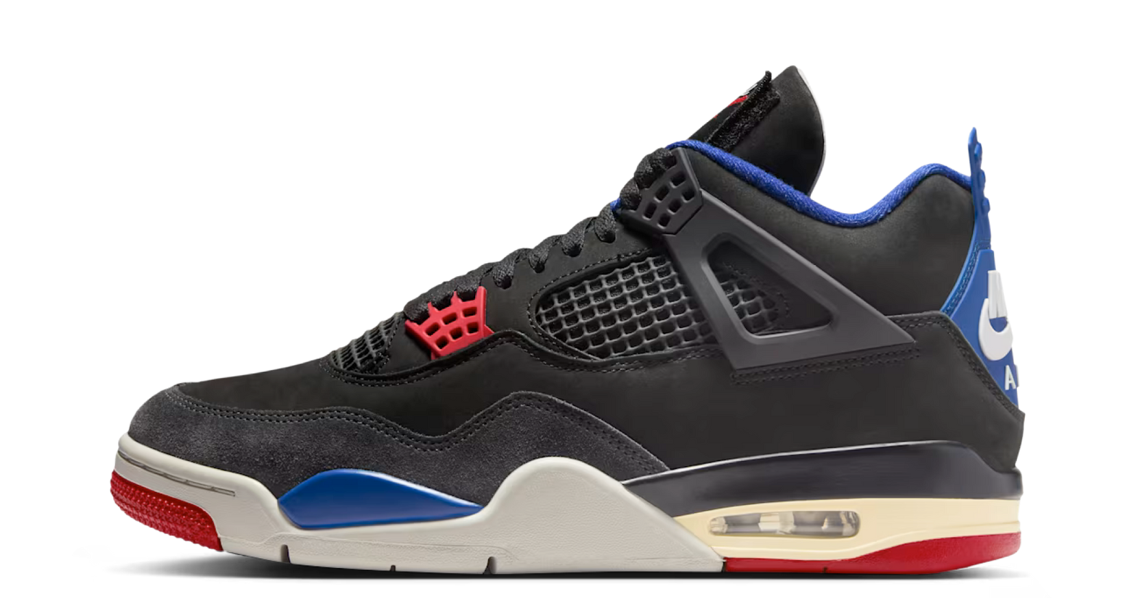 Jordan 4 Rare Air – oldalnézet, fekete nubuk és piros pánt elemek