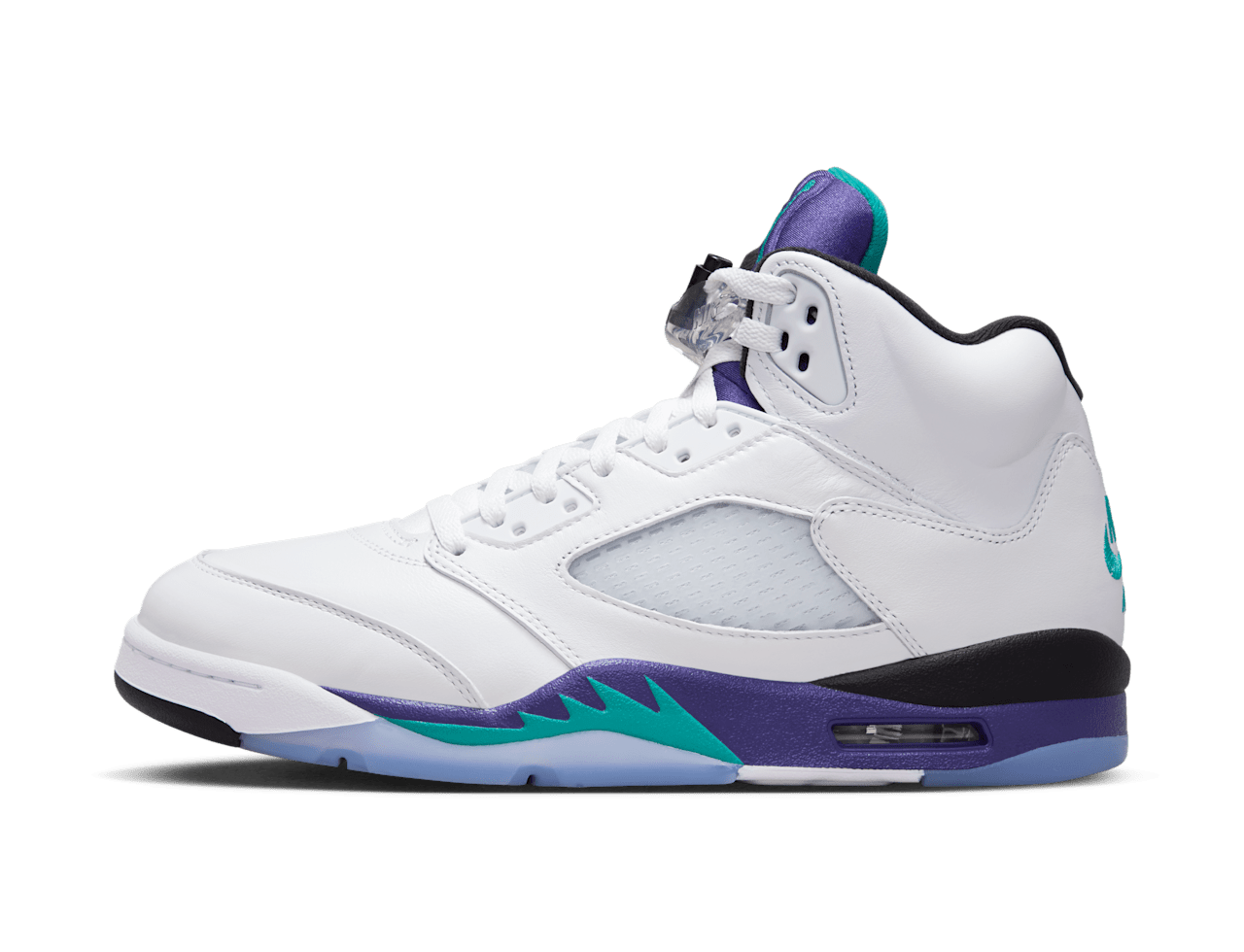 Jordan 5 Grape 2025 – oldalnézet, fehér bőr felsőrész és grape ice részletek