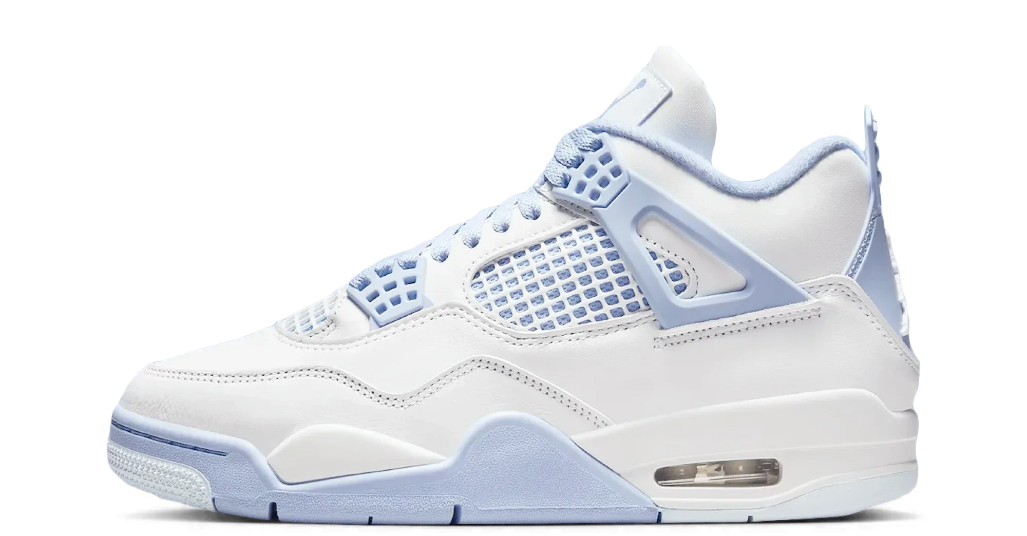 Air Jordan 4 Retro Forget Me Not – oldalnézet, fehér bőr és kék-zöld részletek