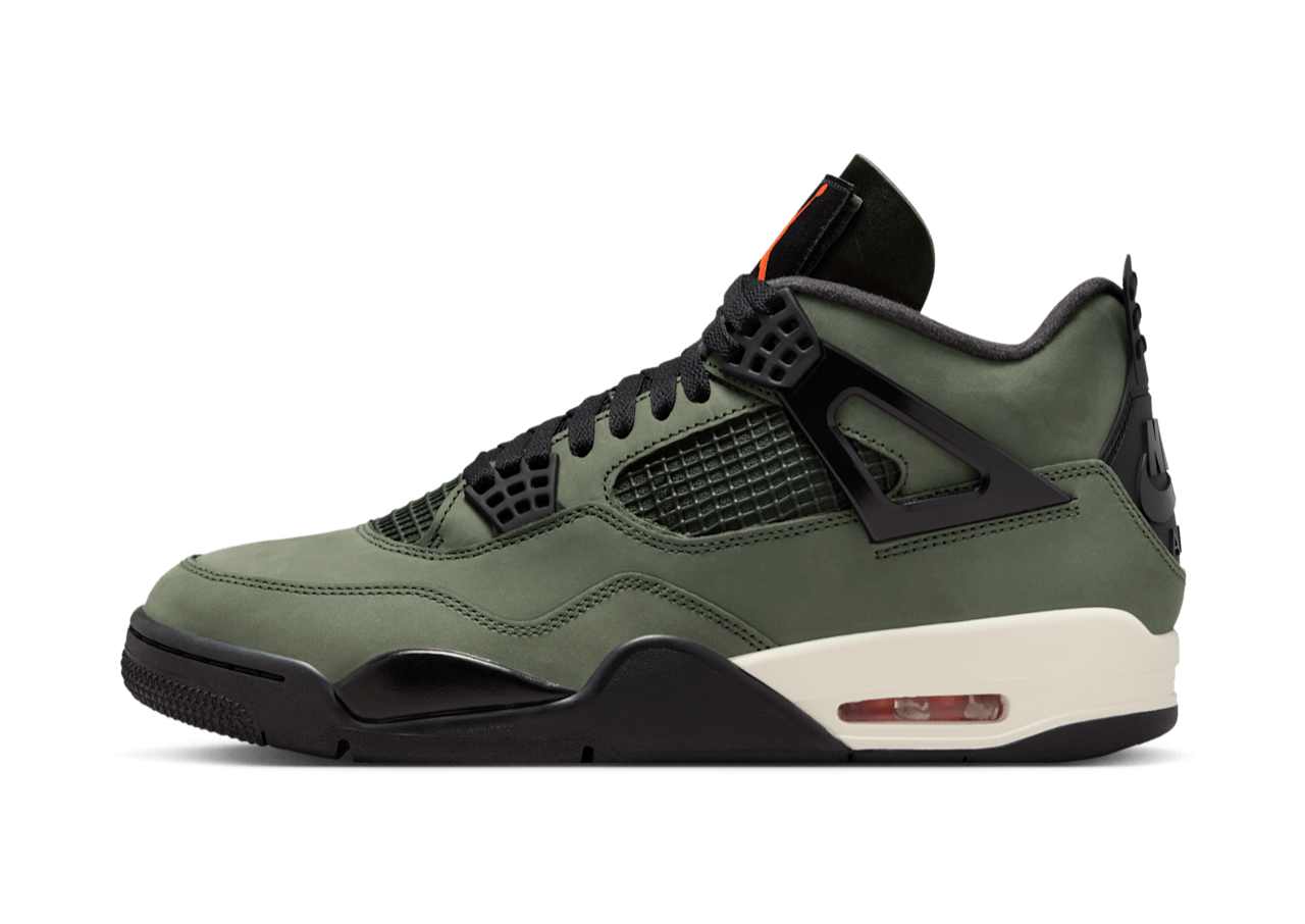 Jordan 4 Undefeated 2025 – oldalnézet, zöld nubuk és fekete panelek