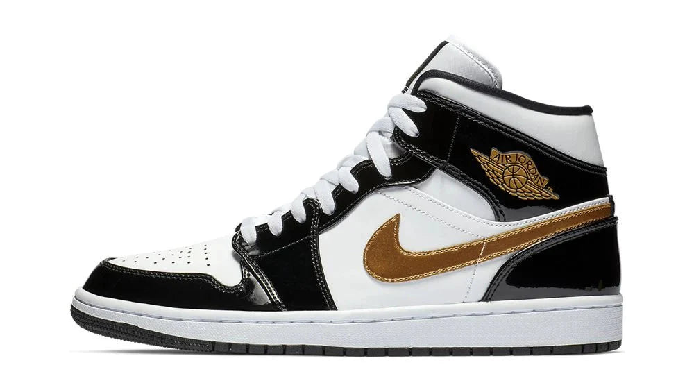 Jordan 1 Mid Patent Black White Gold