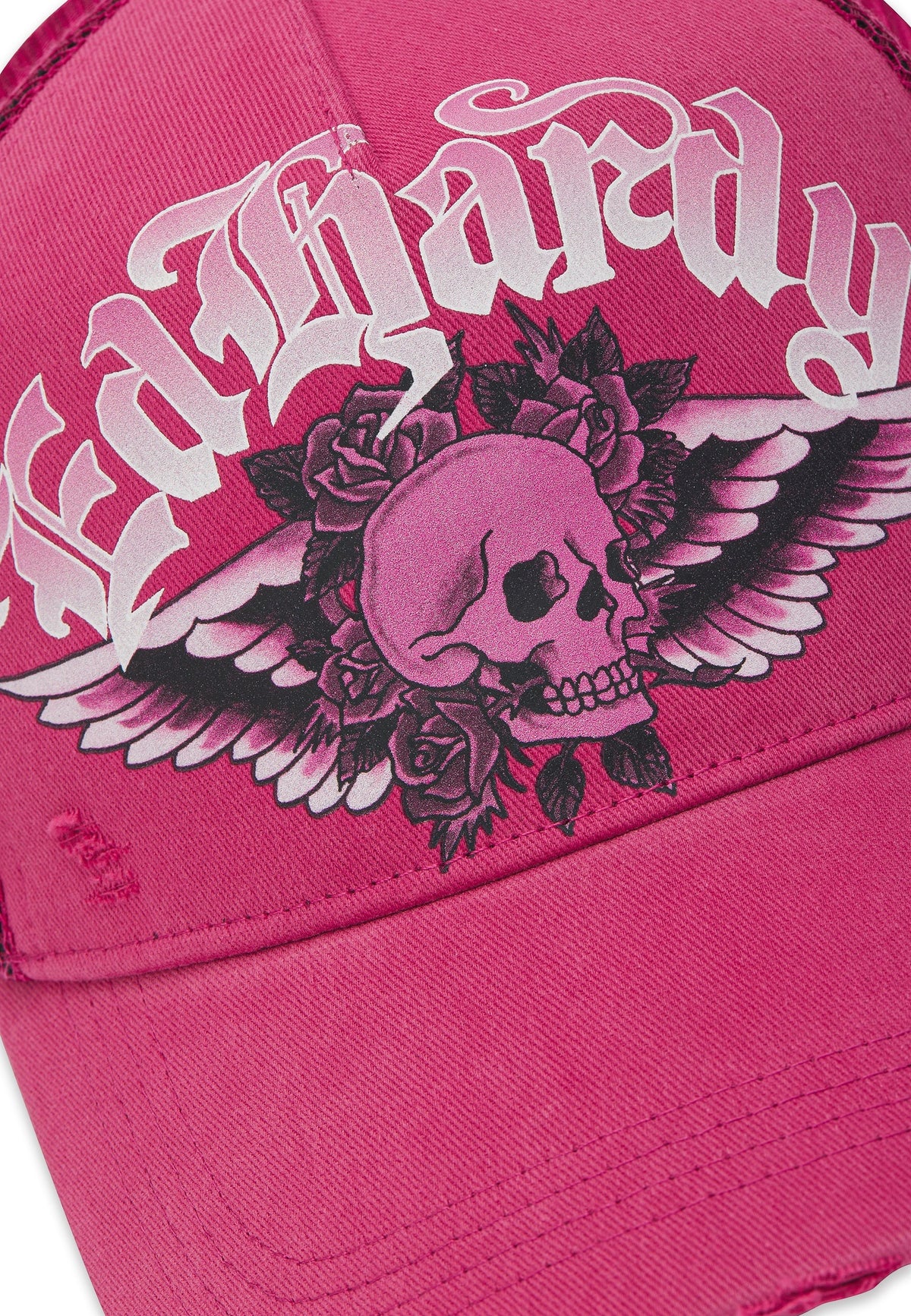 Ed Hardy Flaming Gothic Skull Washed 5 Panel Pink Trucker Cap