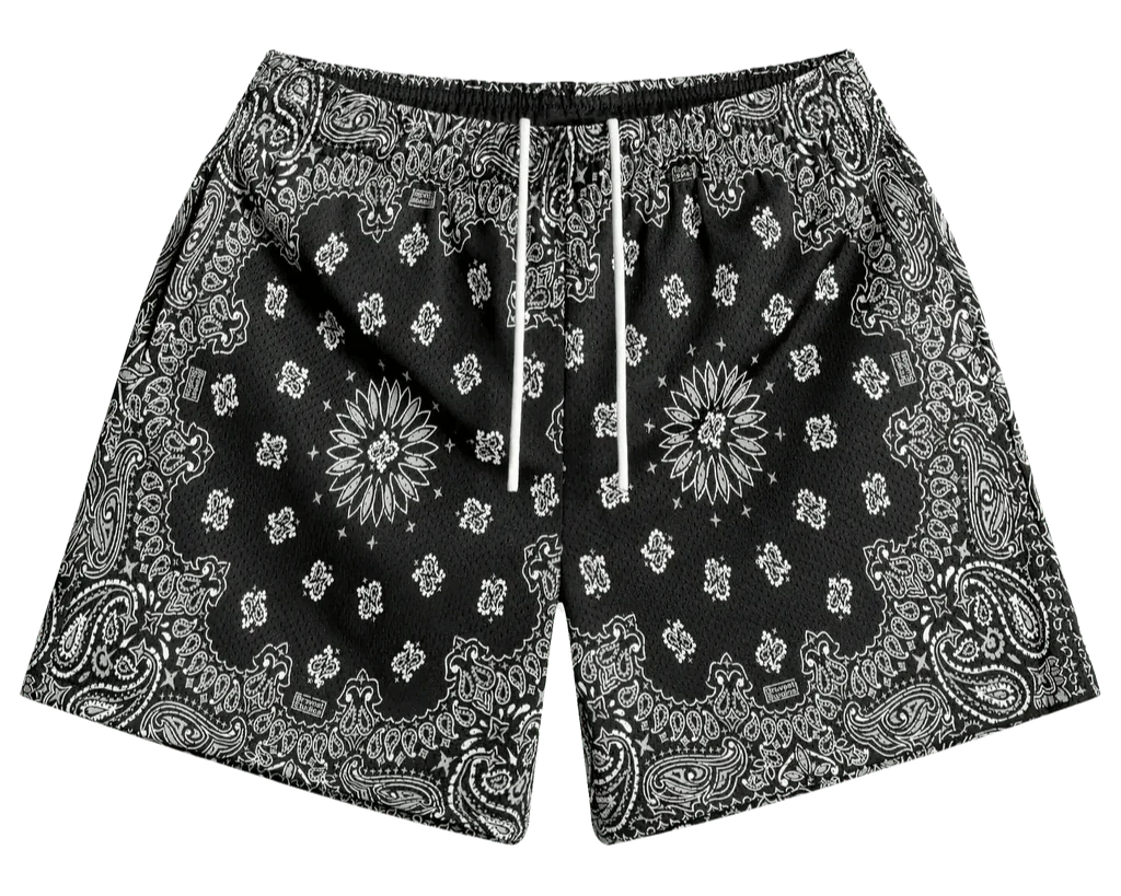 Bravest Studios Screenprinted Paisley Two-Tone Black Shorts - OnSize