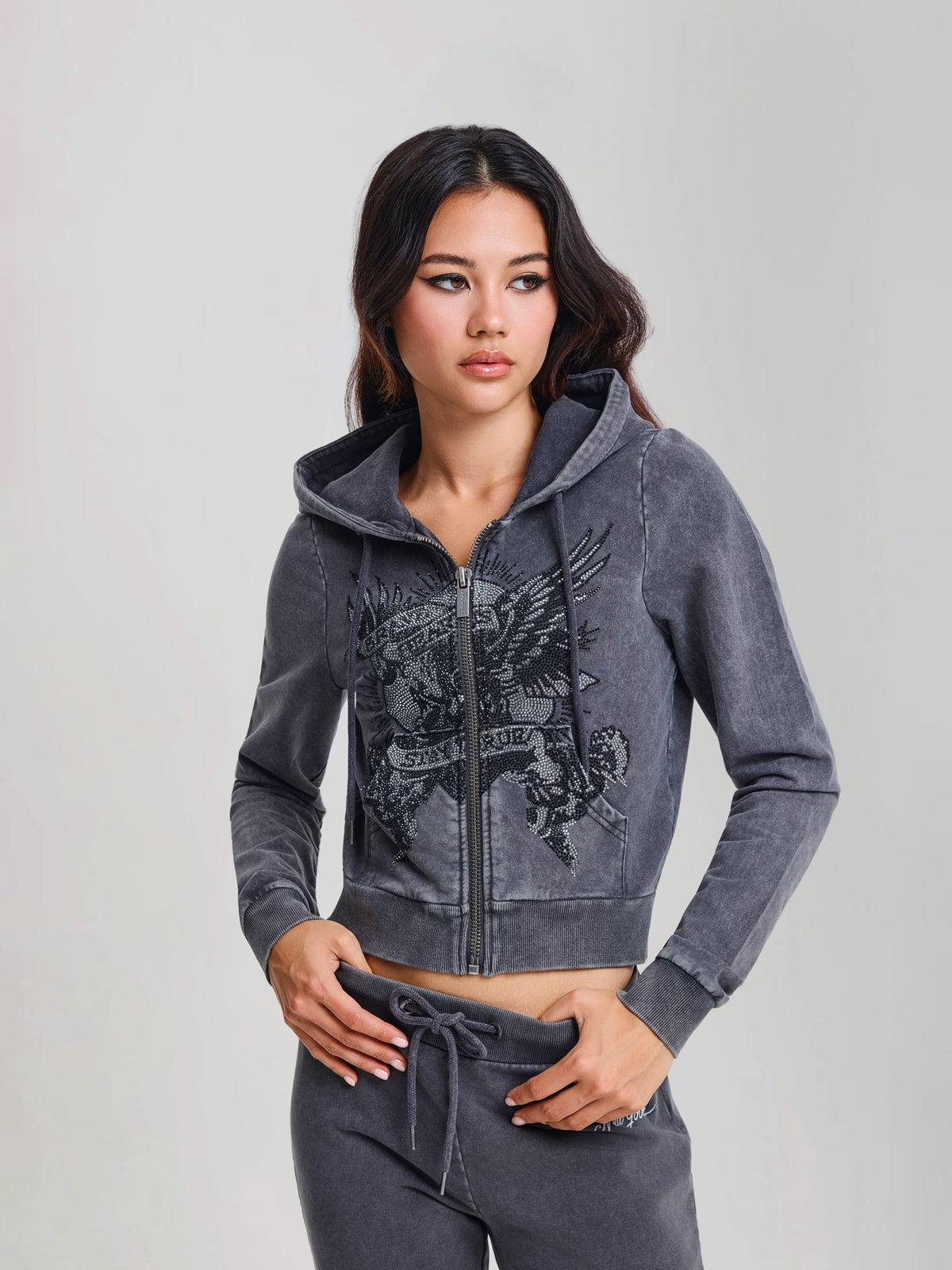 Ed Hardy Stay True Fitted Cropped Washed Zip Thru Hoodie Black - OnSize