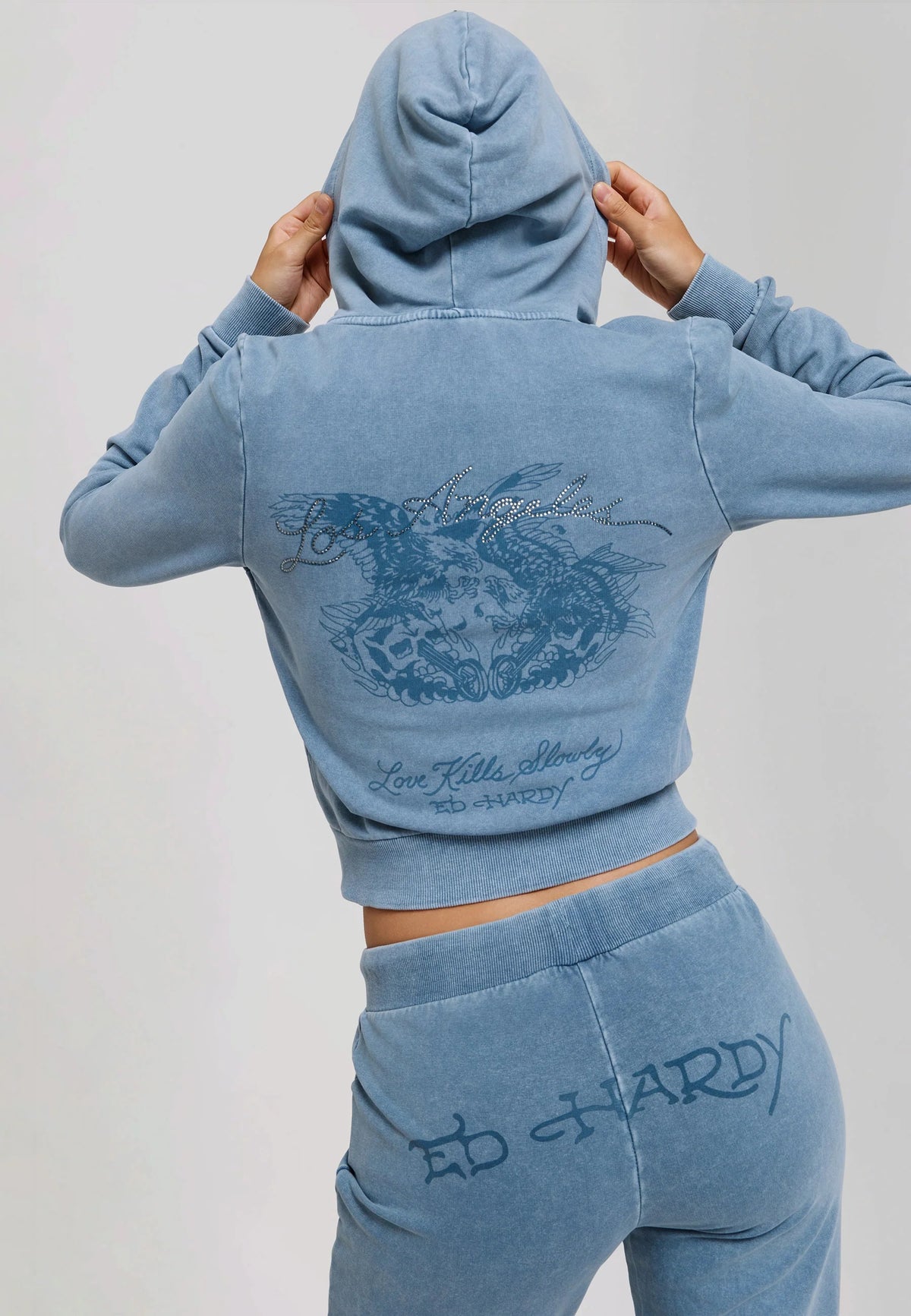 Ed Hardy Stay True Fitted Cropped Washed Zip Thru Hoodie Blue