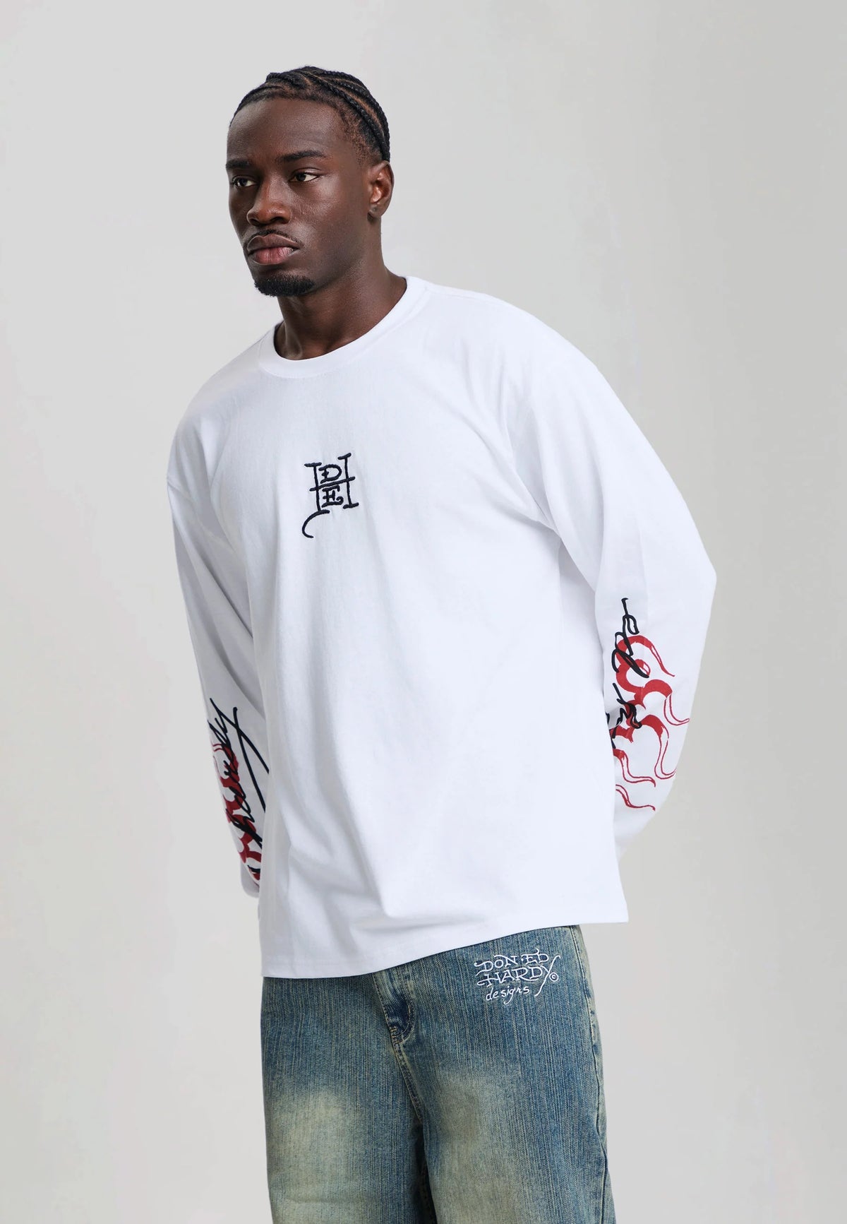 Ed Hardy Flying Twin Dragon Graphic Long Sleeve Relaxed T-Shirt White