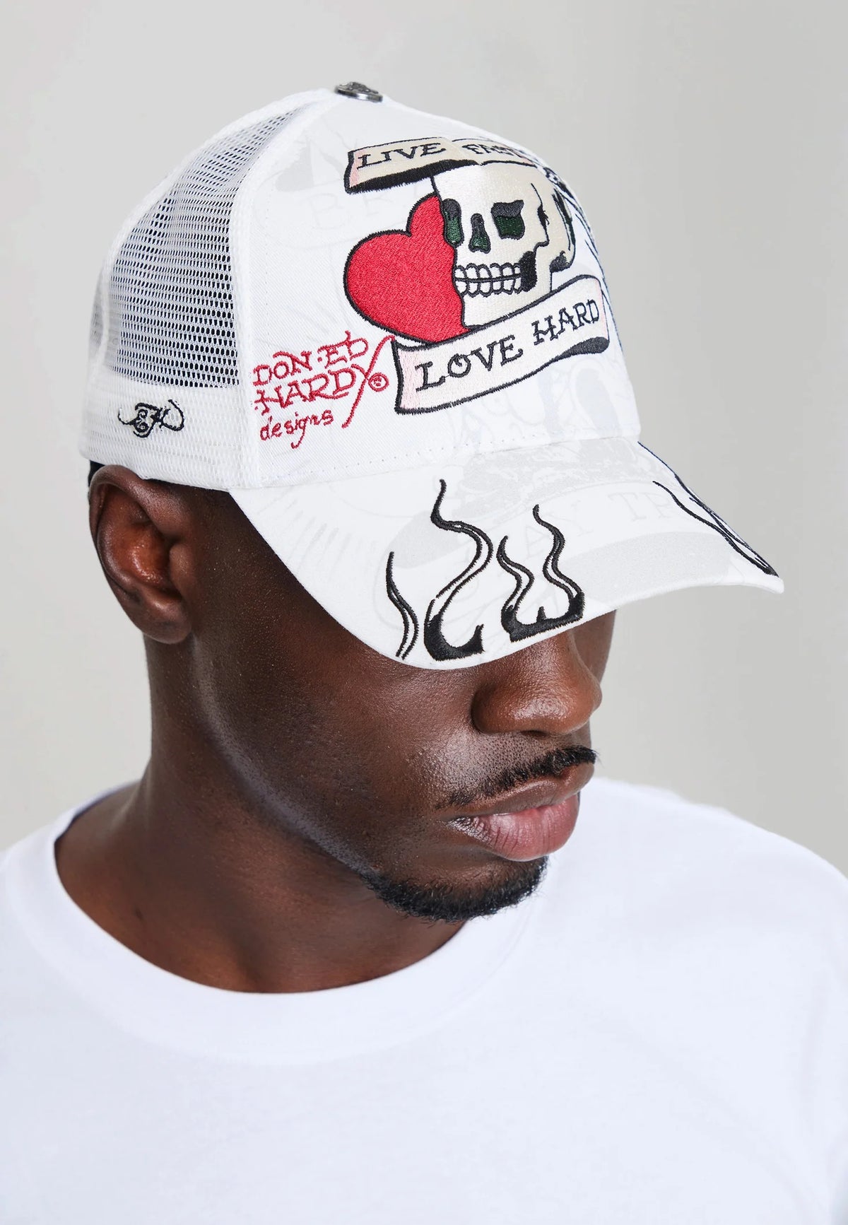 Ed Hardy Live Fast Love Hard 5 Panel White Trucker Cap