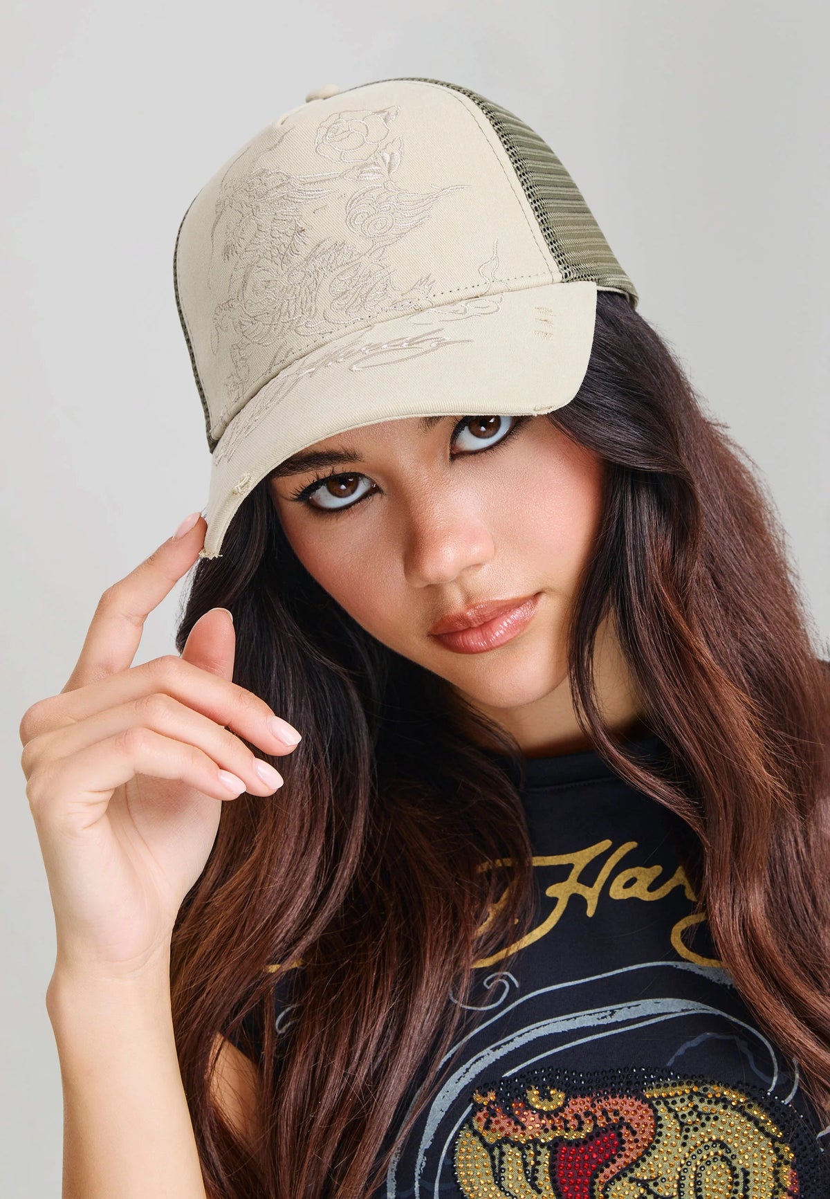 Ed Hardy Outline Dragon Distressed 5 Panel Khaki Trucker Cap - OnSize