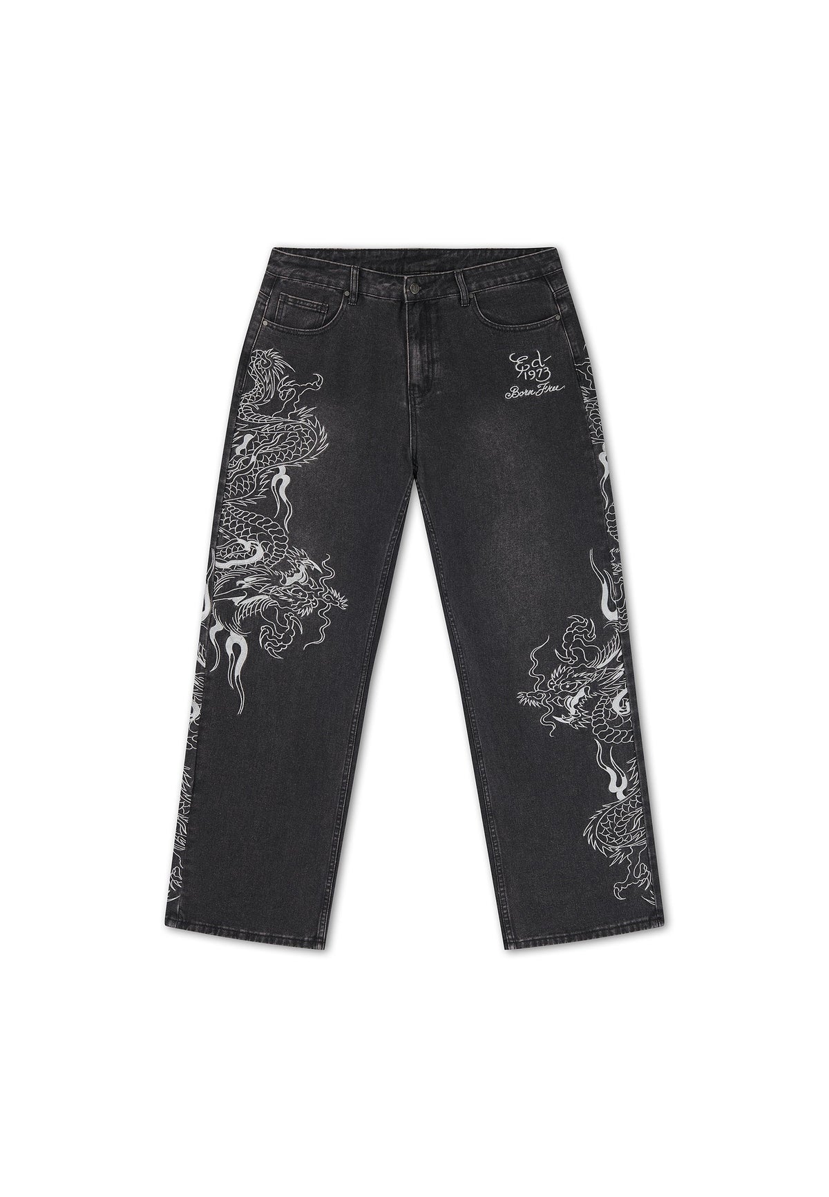 Ed Hardy Embroidered Soaring Dragon Flare Jeans Washed Black - OnSize