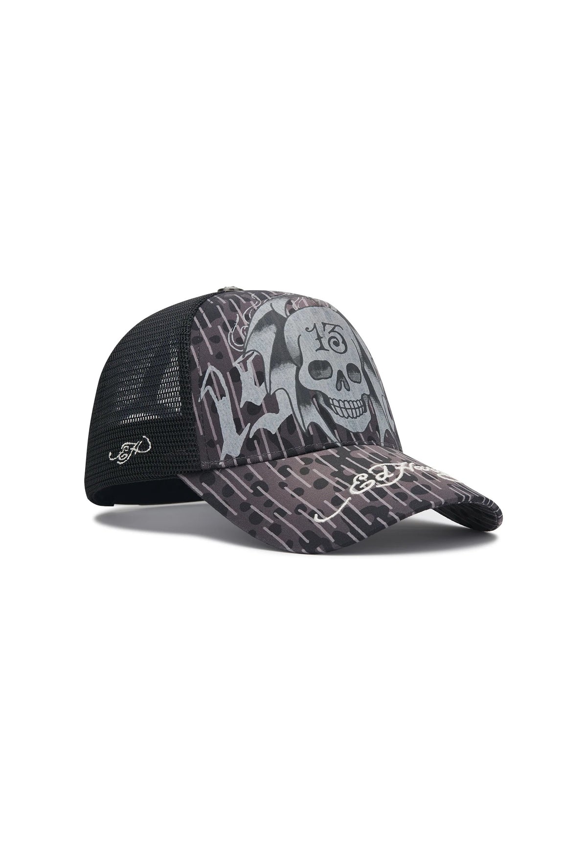 Ed Hardy 13 Skull 5 Panel Black Trucker Cap