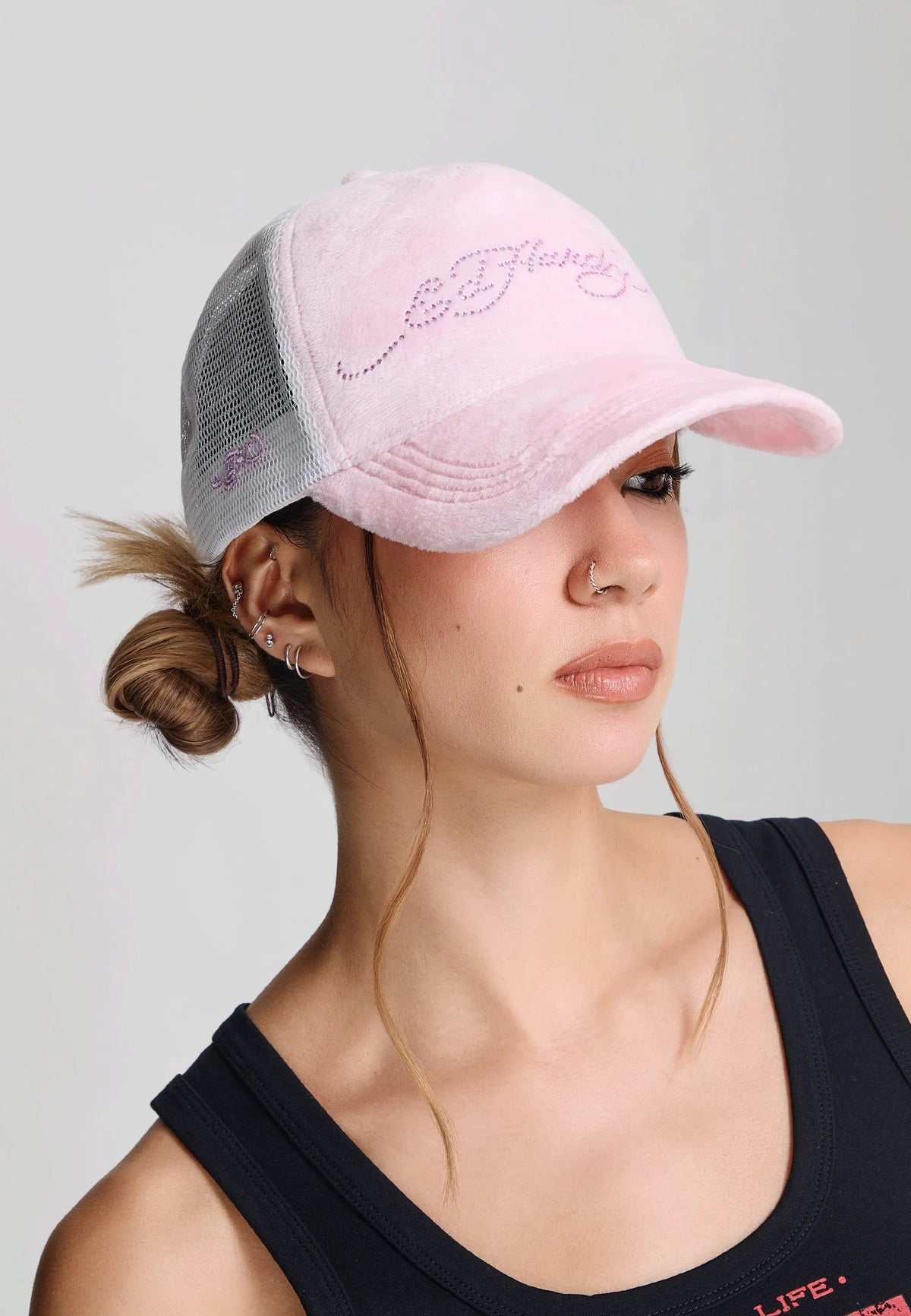 Ed Hardy Diamante Velour 5 Panel Baby Pink Trucker Cap