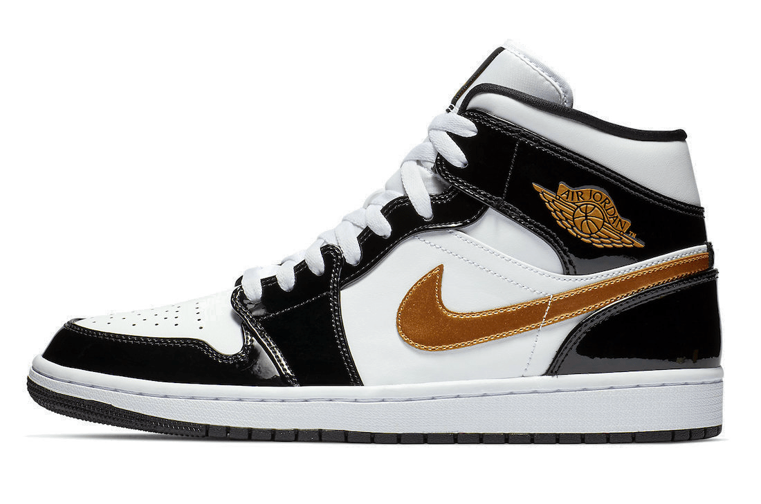 Jordan 1 Mid Patent Black White Gold - OnSize