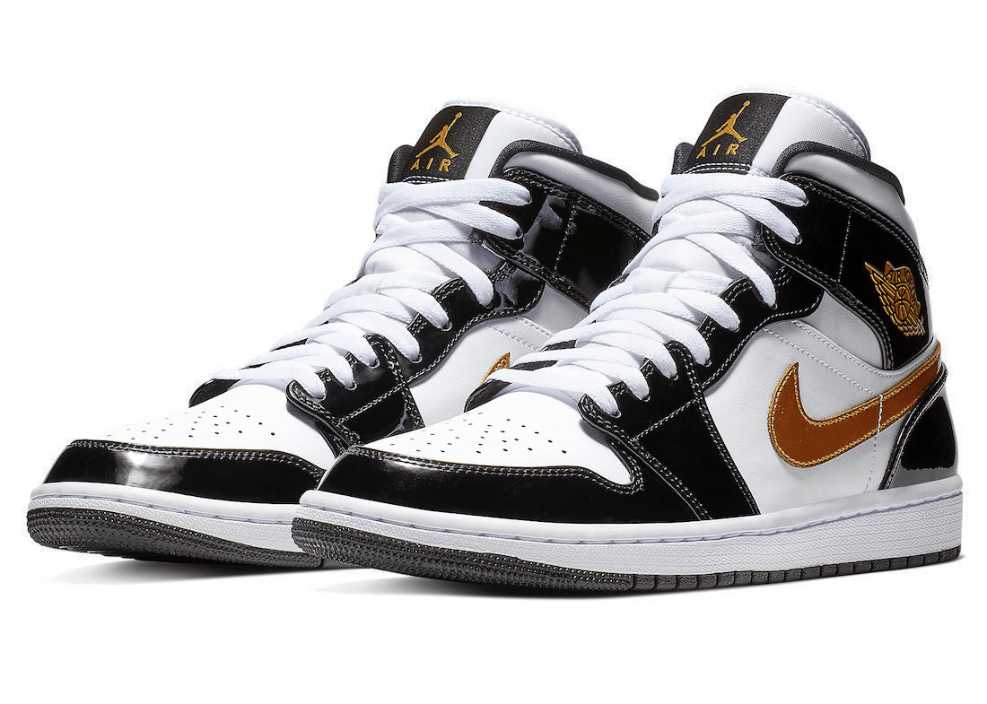 Jordan 1 Mid Patent Black White Gold - OnSize