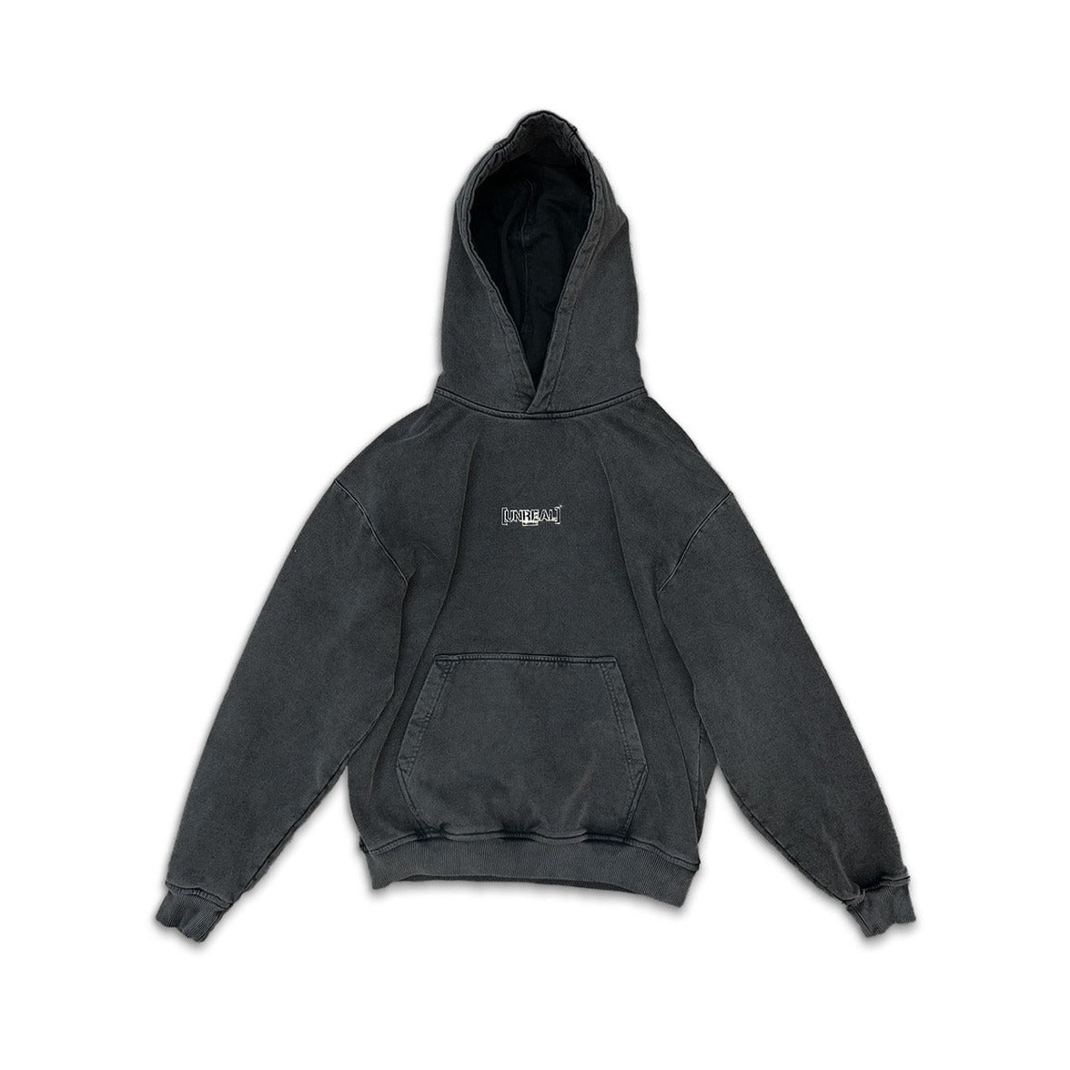 UNREAL OG Iron Logo Hoodie Stone Washed Black - OnSize